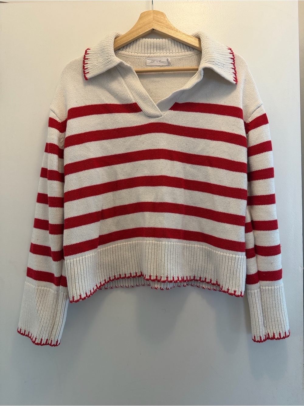 All in Favor Red & Cream Striped Collared V-Neck Sweater